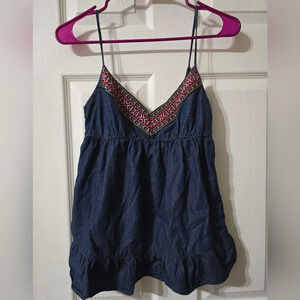 90s/Y2K Delia's Chambray Ruffle Tank w/ Embroidered V-Neckline, Sz Medium, EUC!